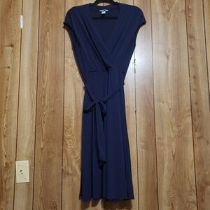 Midi Dress Small Navy Blue Short Sleeve Faux Wrap V Neck Fit &Flare Scandi Girl